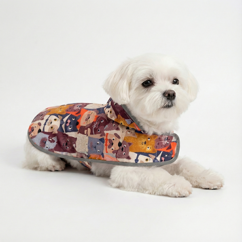 Beyaz Maltese Terrier üzerinde reflektör şeritli NobleDog köpek montu. Gece yürüyüşleri için güvenli, küçük ırk uyumlu renkli köpek ceketi