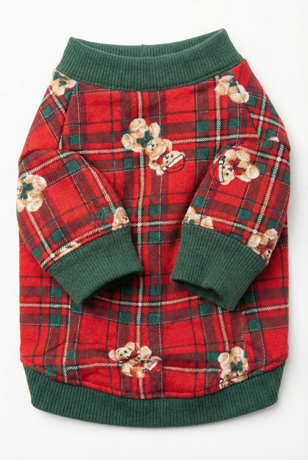 Kırmızı ekose ve yeşil manşetli ayıcık desenli köpek sweatshirt detaylı görünüm.