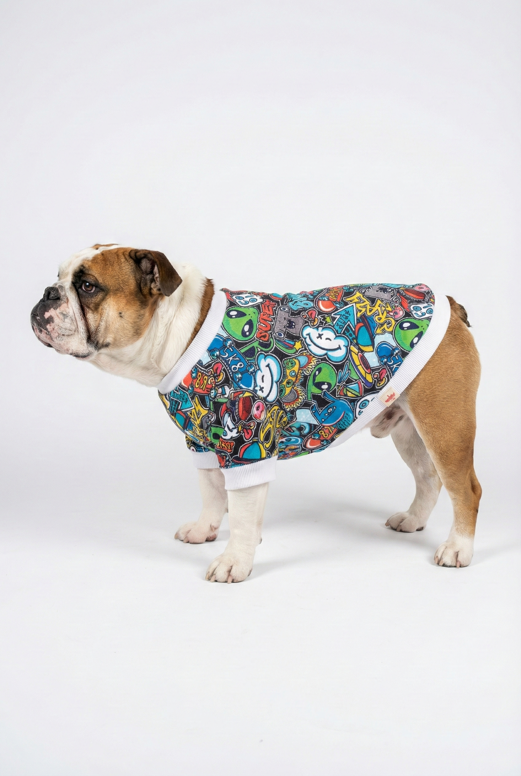 İngiliz Bulldog üzerinde renkli graffiti desenli NobleDog köpek sweatshirt.