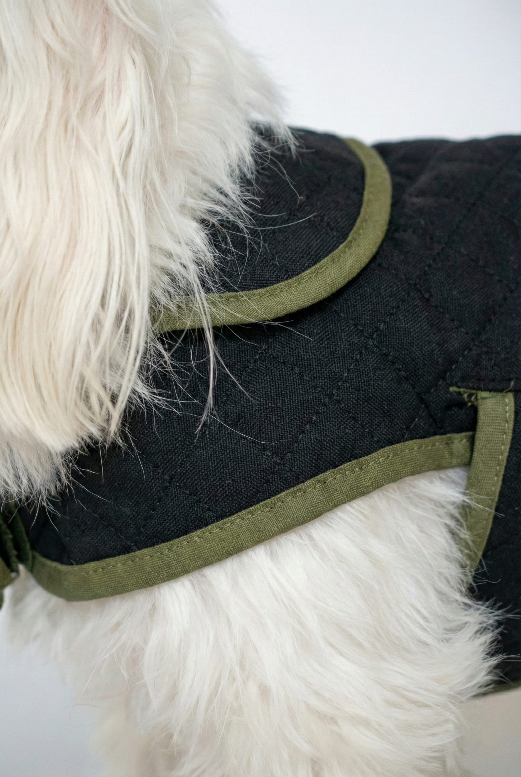 NobleDog siyah kapitone köpek ceketi kumaş ve dikiş kalitesi detayı haki biye şeritli