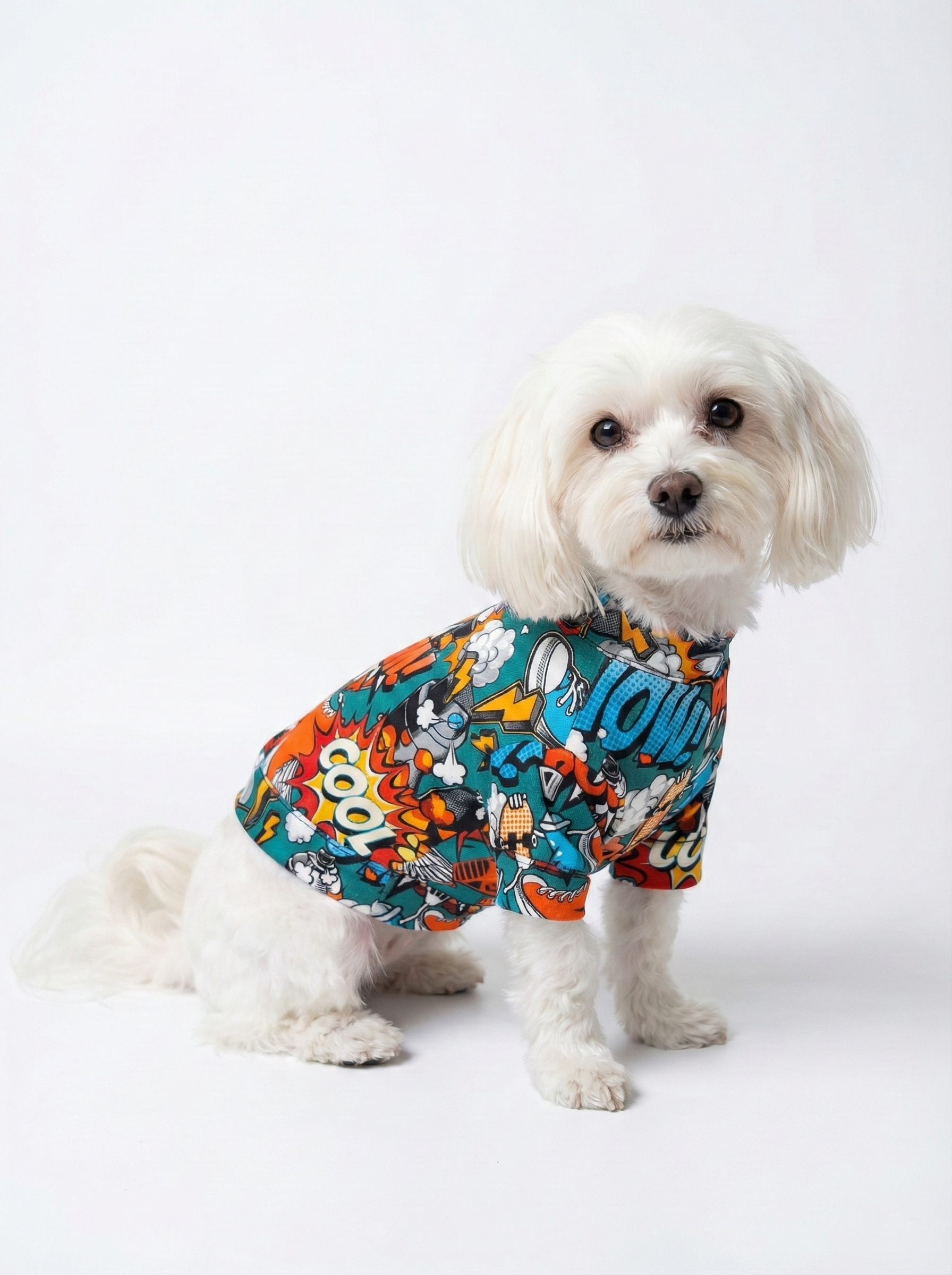 NobleDog pop art ve çizgi roman desenli renkli köpek tişörtü giyen beyaz Maltese Terrier cinsi küçük ırk köpek. Yeşil zemin üzerine eğlenceli baskılı, rahat ve esnek penye köpek kıyafeti modeli