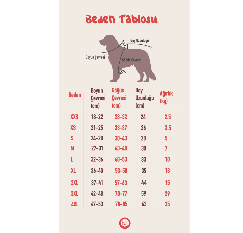 NobleDog köpek kıyafeti beden tablosu ve ölçü rehberi. XXS ile 4XL arası boyun, göğüs ve sırt ölçüleri. 2.5 kg'dan 35 kg'a kadar köpekler için beden aralıkları