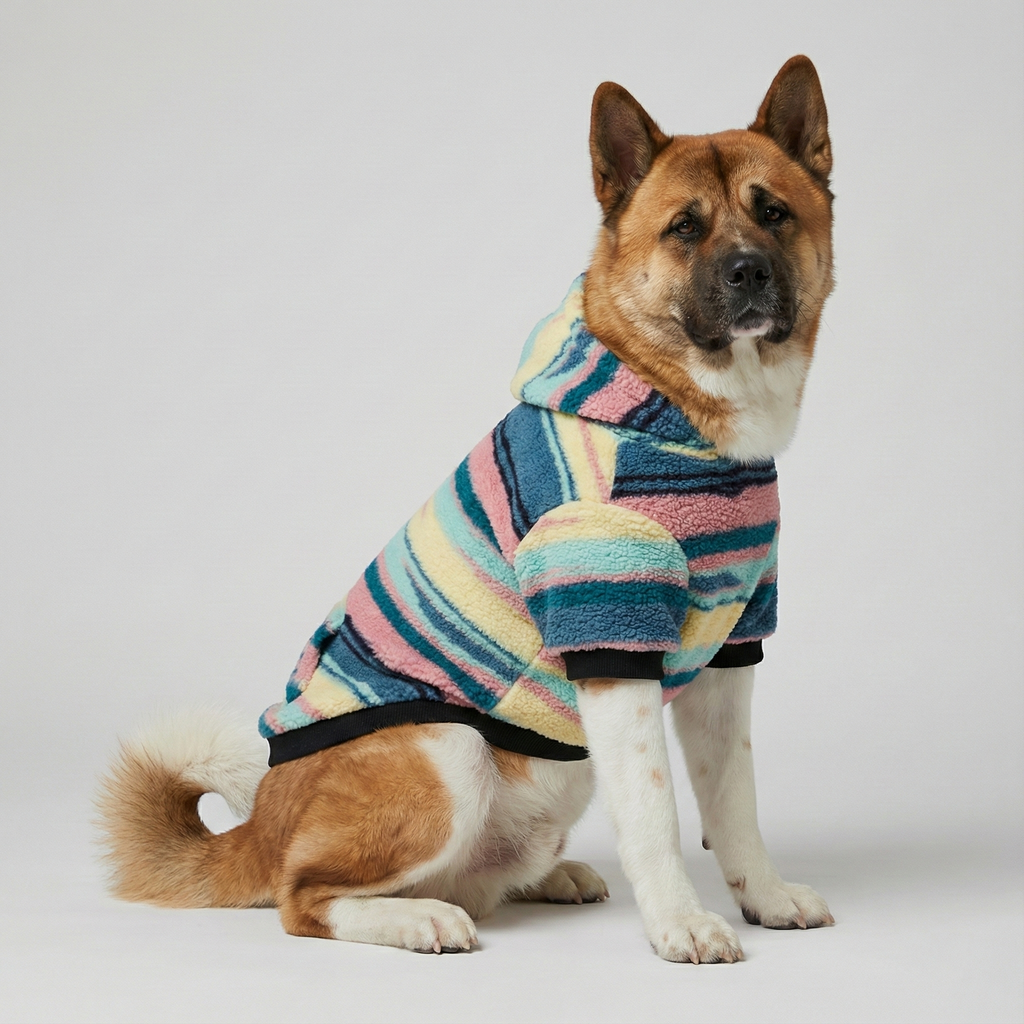 Renkli peluş hoodie giyen Akita cinsi büyük köpek - NobleDog