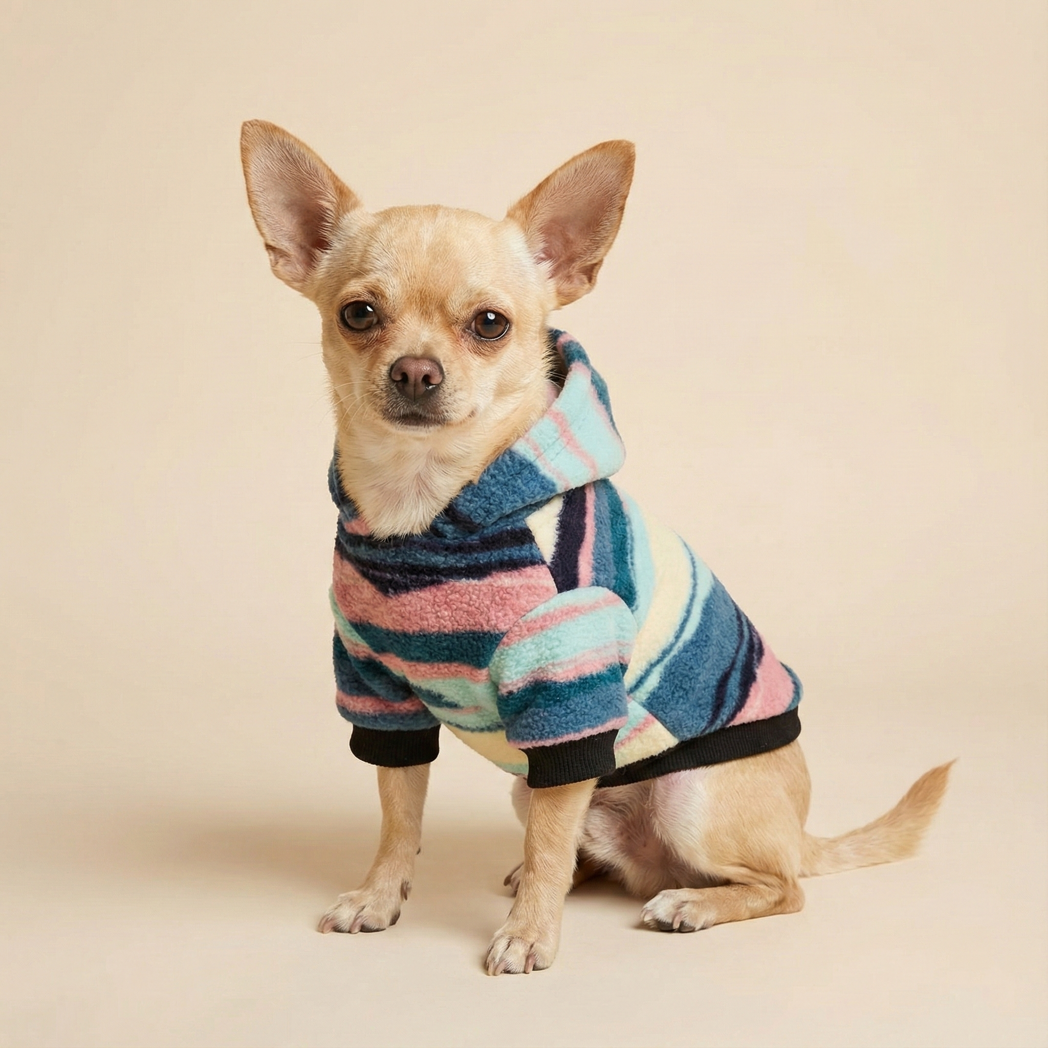 Pembe mavi çizgili teddy köpek kıyafeti giyen Chihuahua - NobleDog