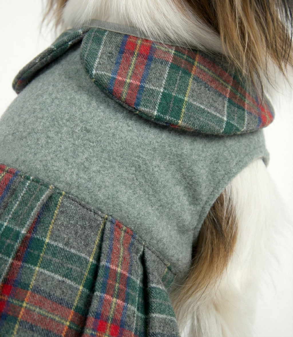 NobleDog Gri Kaşe Ekose Detaylı Köpek Elbisesi - Kışlık Şık Kaban