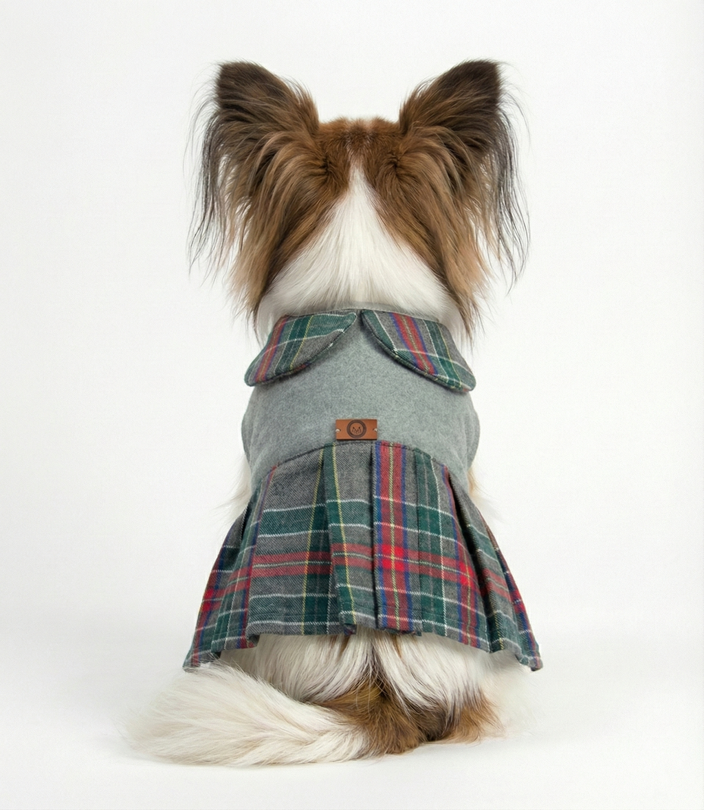 NobleDog Gri Kaşe Ekose Detaylı Köpek Elbisesi - Kışlık Şık Kaban