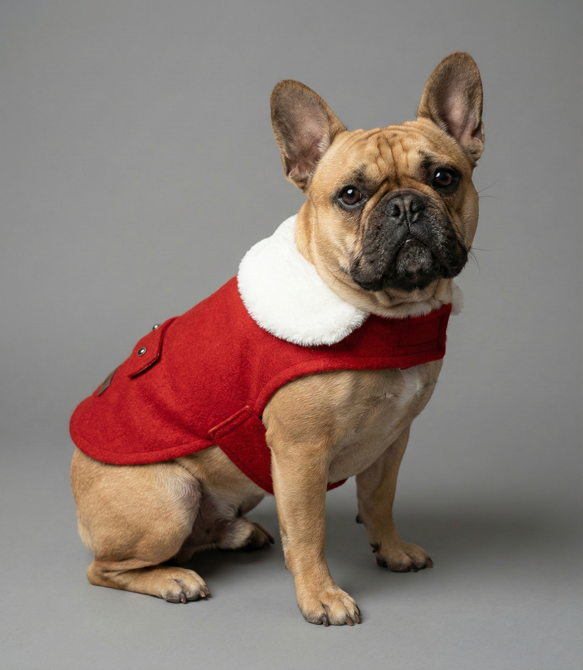 Kırmızı kışlık mont giyen French Bulldog köpek