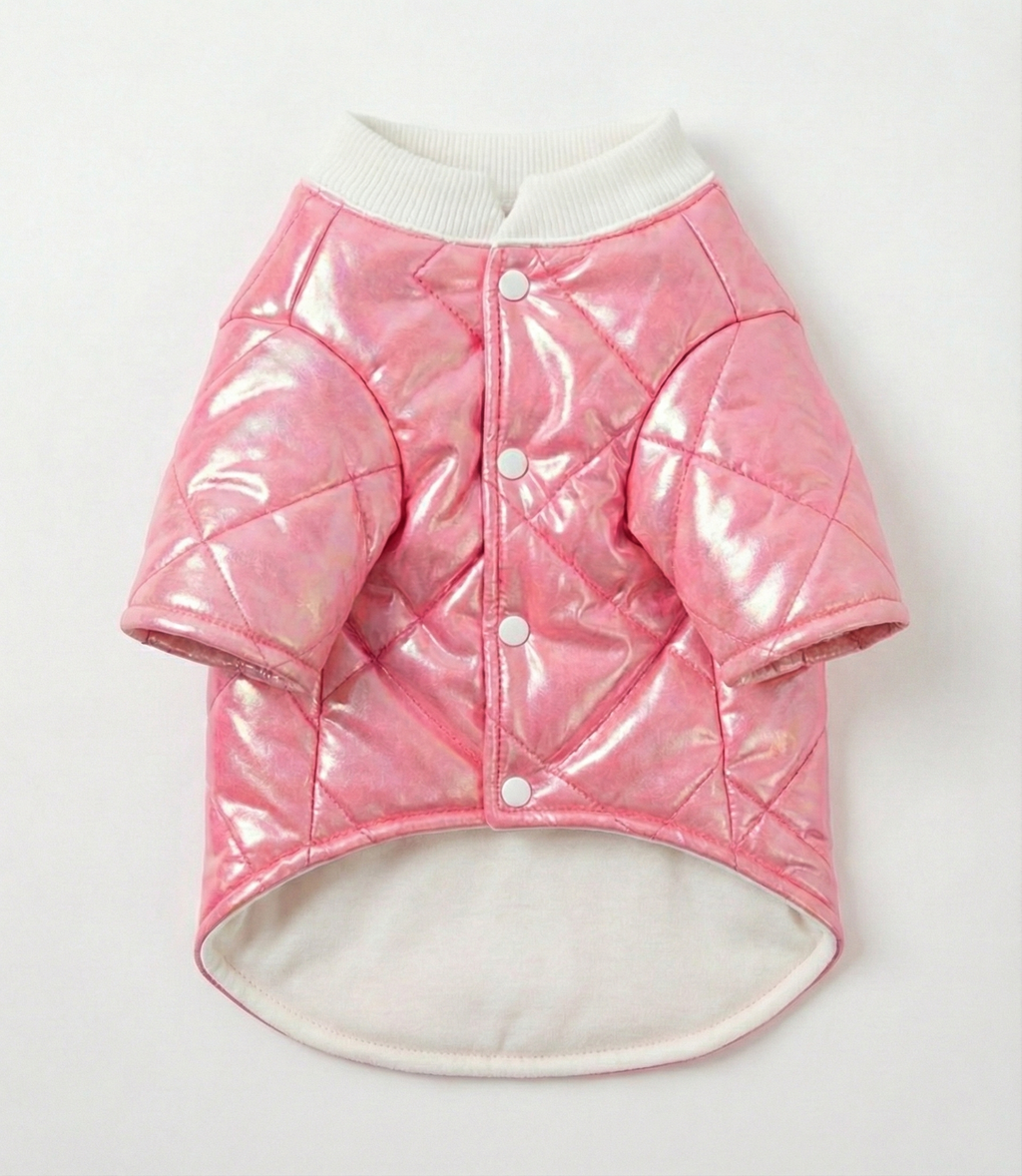 Kapitone desenli pembe şişme köpek montu önden görünüm.