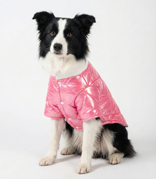 Siyah beyaz köpek üzerinde pembe parlak kışlık mont.