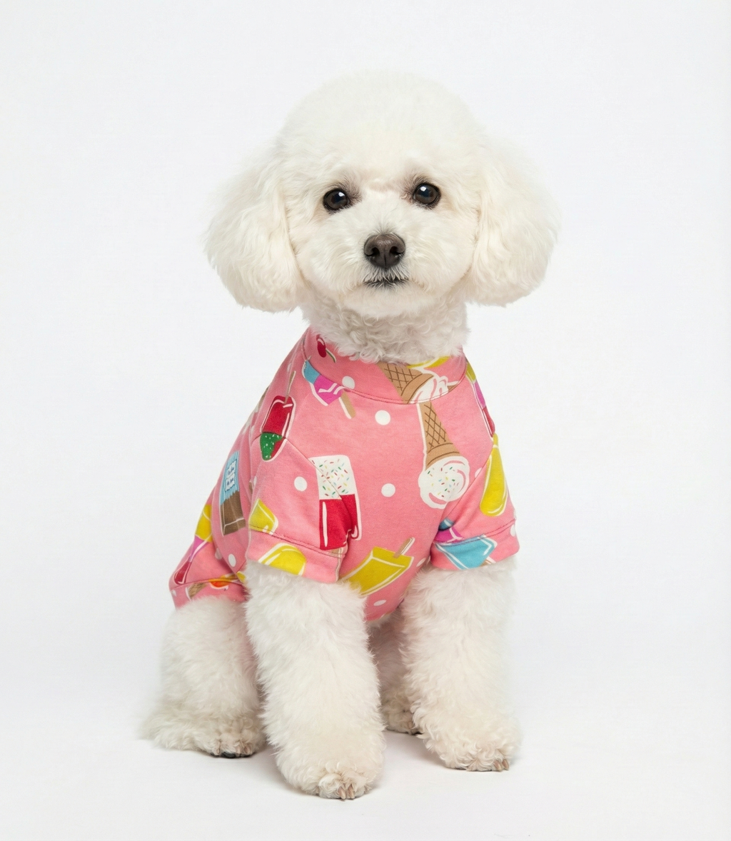 NobleDog Dondurma Desenli Pembe Köpek Tişörtü giyen beyaz Toy Poodle - Önden Görünüm