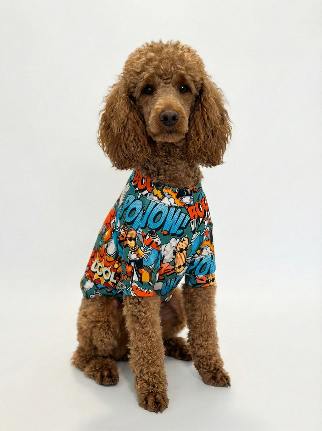 NobleDog renkli pop art desenli tişört giyen kahverengi Poodle (Kaniş) cinsi orta ırk köpek. Büyük ırklar ve kıvırcık tüylü köpekler için de uygun, vücudu saran esnek ve rahat köpek kıyafeti