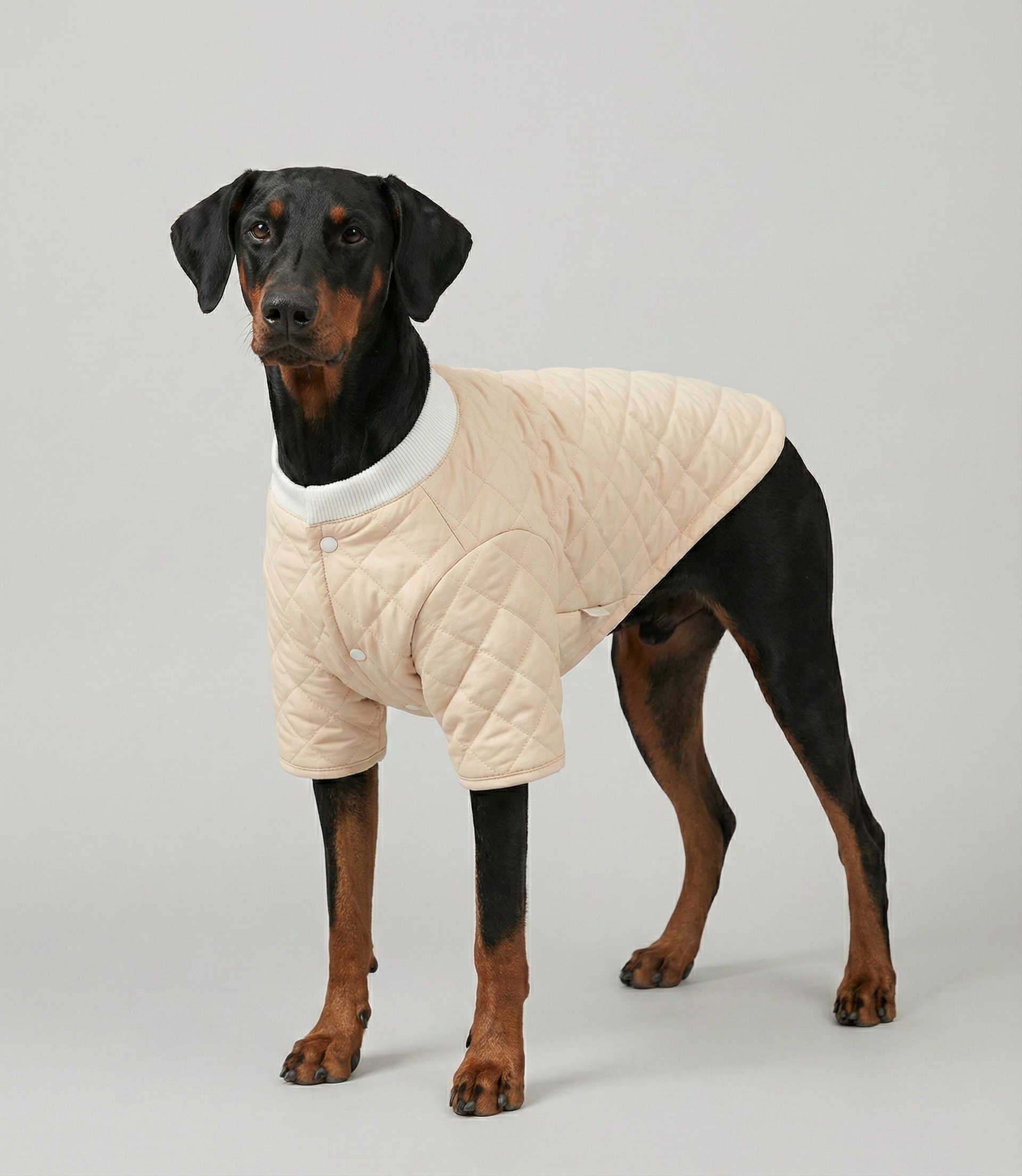 Büyük ırk Doberman köpek üzerinde şık somon rengi kışlık köpek montu.